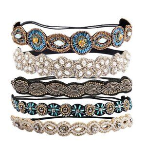 5 Pieces Rhinestone Elastic Headbands Handmade Crystal Beaded Hairbands